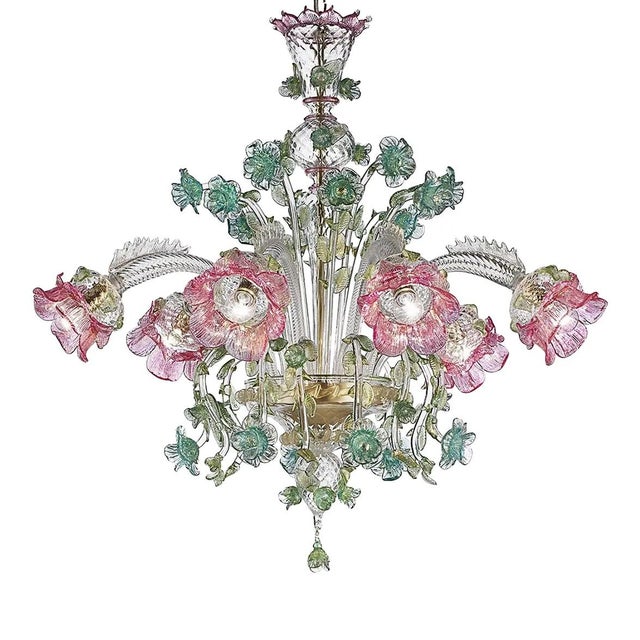 Ornate Venetian Pink and Green Floreal Murano Glass Chandelier by Simoeng, in Exhibition Piece conditions. Designed from...