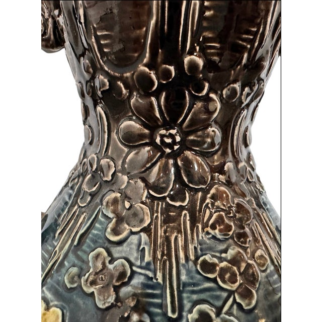 Early 20th Century French Art Nouveau Barbotine Majolica Faience Vase For Sale - Image 13 of 14