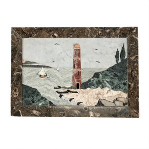 Antique Italian Inlaid Stone or Pietra Dura of a Bayscape With Lighthouse