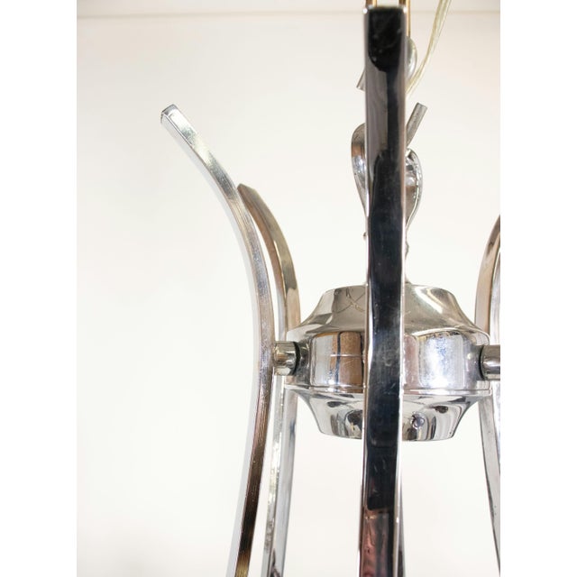 Wood Pair of Mid-Century Italian Chrome and Wood Chandeliers For Sale - Image 7 of 12