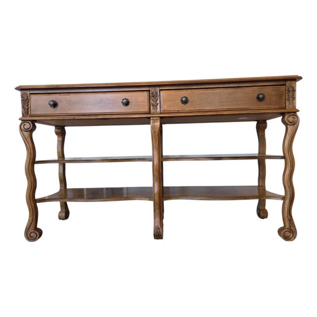 Bassett Country French Console Table Vintage Provincial Wood Sofa Server 2 Drawer For Sale
