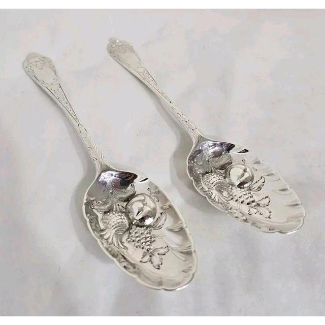 Georgian Sterling Silver Fruit Serving Spoons, London, 1737 & 1763, Set of 2 For Sale - Image 12 of 18