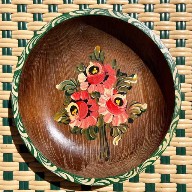 Mid 20th Century Hand-Painted Folk Art Wooden Bowl, Floral Tole Design For Sale - Image 12 of 12