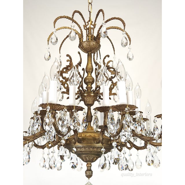 Brass Massive Antique 20 Light Brass Lead Glass Crystal Chandelier ~ Pair Available For Sale - Image 8 of 12