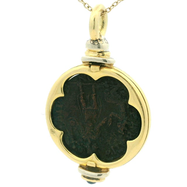 Vintage 18k Gold Ancient Coin Diamond & Sapphire Pendant For Sale In Miami - Image 6 of 10
