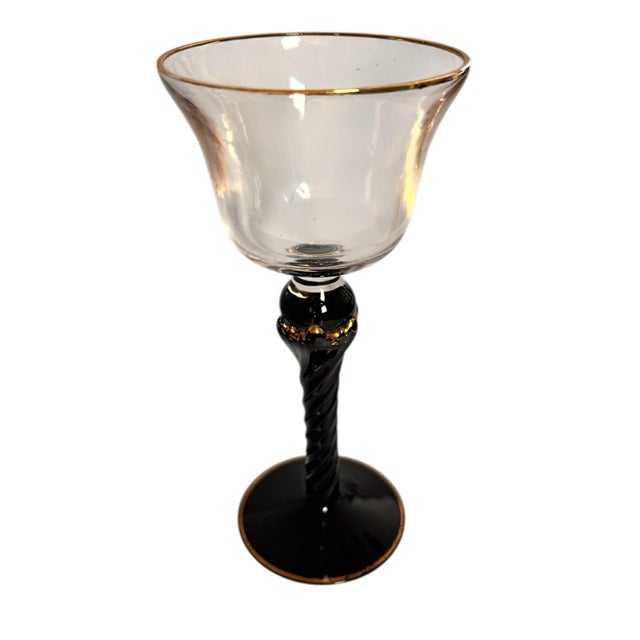 Mid-Century Modern Mid 20th Century Set of 8 Art Deco Cocktail Glasses Hollywood Regency Holidays Barware Black Gold Art Nouveau For Sale - Image 3 of 10