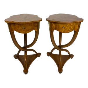 Italian Pair of Burl Walnut Side Tables With Curved Legs