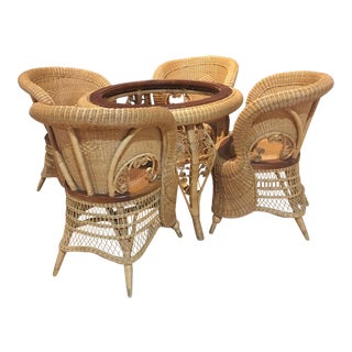 1970s Rattan Barrel Back Peacock Round Dining Set - 5 Pieces For Sale