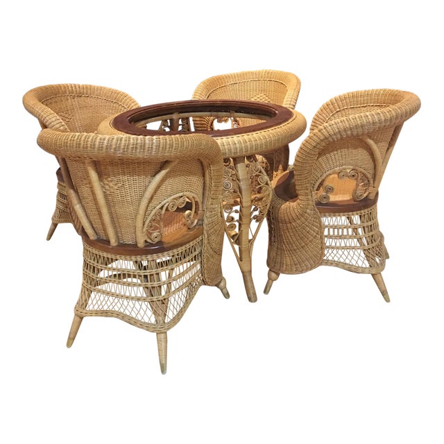1970s Rattan Barrel Back Peacock Round Dining Set - 5 Pieces For Sale