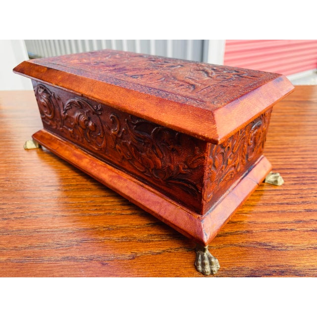 1970s Handsome Vintage Tooled Leather Neopclassical Dresser Box For Sale - Image 5 of 11