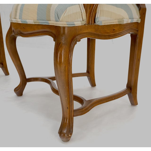 Pair Carved Striped Upholstery Tall Backs Carved Walnut Scallop Design Decorated For Sale - Image 6 of 17
