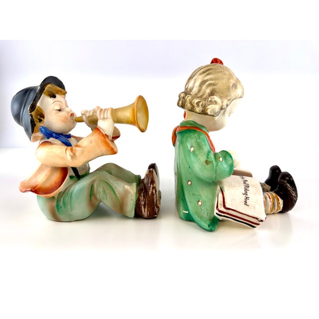 1950s 1950s Japanese Ceramic Boy Musician & Little Red Riding Hood Girl Figurines, a Pair For Sale - Image 5 of 14