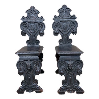 Antique 19th Century Italian Renaissance Carved Walnut Hall Chairs, Pair For Sale