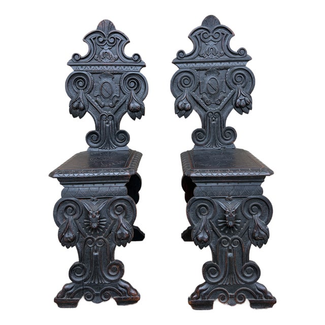 Antique 19th Century Italian Renaissance Carved Walnut Hall Chairs, Pair For Sale
