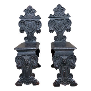 Pair of Italian Renaissance Revival Carved Walnut Hall Chairs For Sale