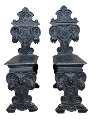 Pair of Italian Renaissance Revival Carved Walnut Hall Chairs