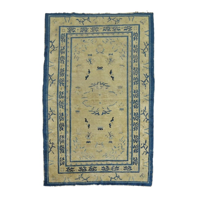 Zabihi CollectionTan Blue Color Early 20th Chinese Peking Oriental Antique Rug For Sale