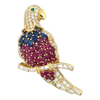 Vintage Diamond and Multigem Parrot Brooch, 18k For Sale