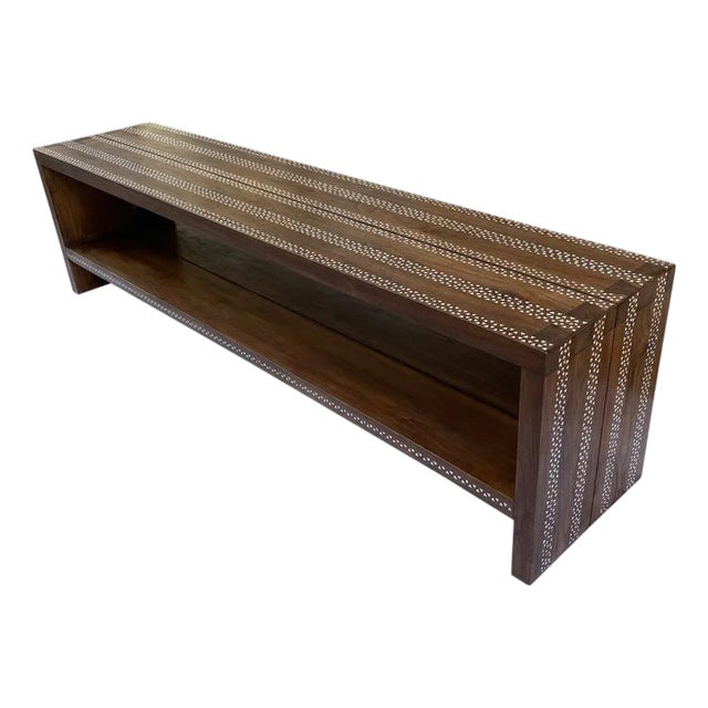 Andrianna Shamaris Shell Inlaid Teak Wood Console Table For Sale