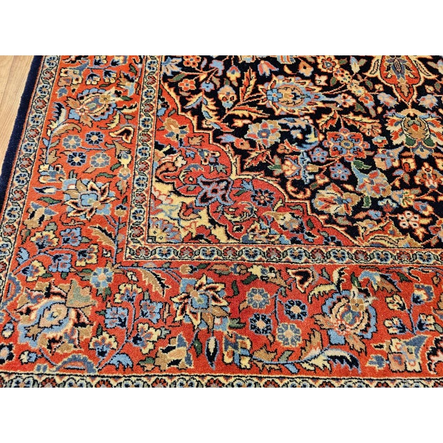 Vintage Kashan Rug, Hand-Knotted Wool & Cotton, Floral Pattern, Navy & Brick-Red, 4x6 For Sale - Image 13 of 16