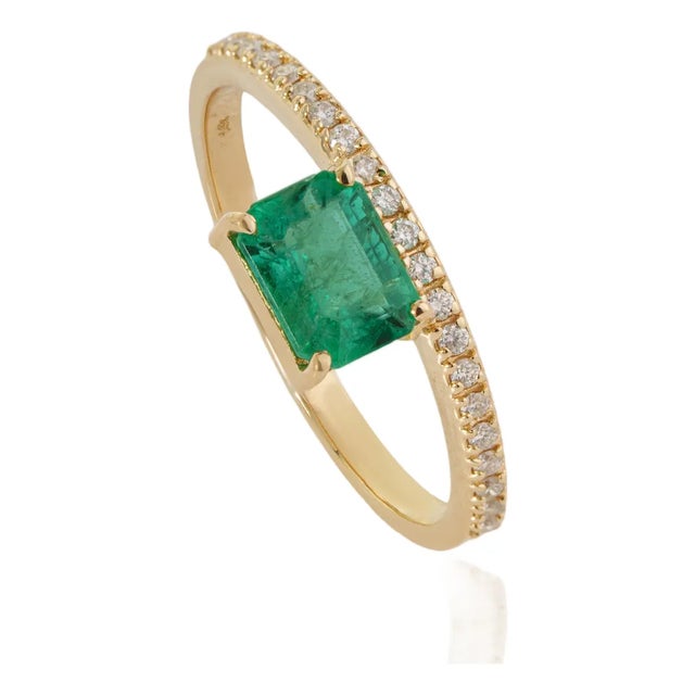14k Yellow Gold Octagon Cut Floating 1 Carat Emerald Diamond Ring Size 6 For Sale
