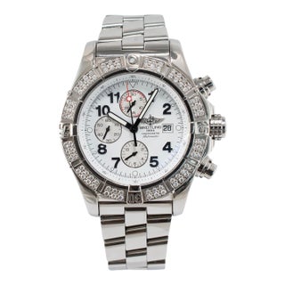 Breitling Super Avenger 48mm A13370 White Dial Diamond Bezel Chrono Steel Watch For Sale