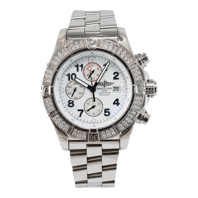 Breitling Super Avenger 48mm A13370 White Dial Diamond Bezel Chrono Steel Watch For Sale