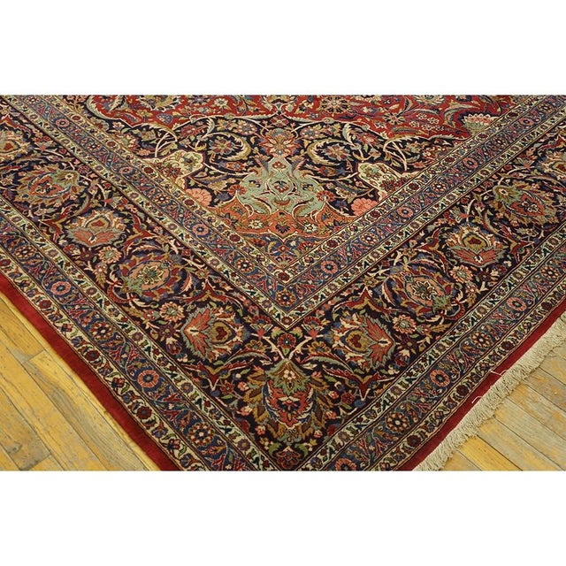 1940s Red Rust Floral Medallion Antique Kashan Mohtasham Knotted Wool Carpet Rug For Sale - Image 4 of 7