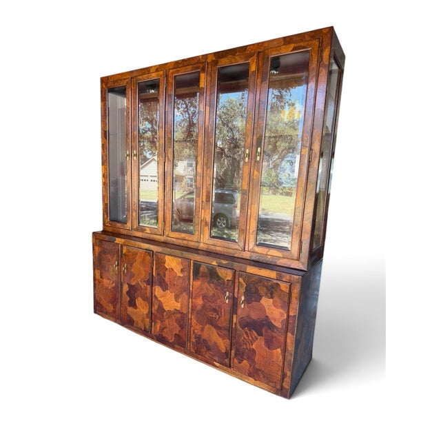 1970s 1970s American of Martinsville Credenza and China Cabinet Hutch Patchwood Olive Wood ' Camo' Cabinet For Sale - Image 5 of 14