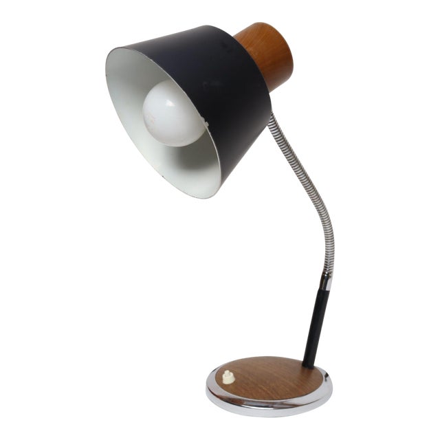 Vintage Faux Wood and Black Metal Adjustable Gooseneck Task / Desk / Table Lamp For Sale