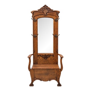 Antique American Tiger Oak Hall Tree With Carved Crest, Beveled Mirror & Storage Bench, C. 1900 For Sale
