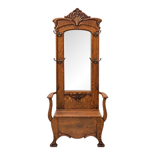 Antique American Tiger Oak Hall Tree With Carved Crest, Beveled Mirror & Storage Bench, C. 1900 For Sale