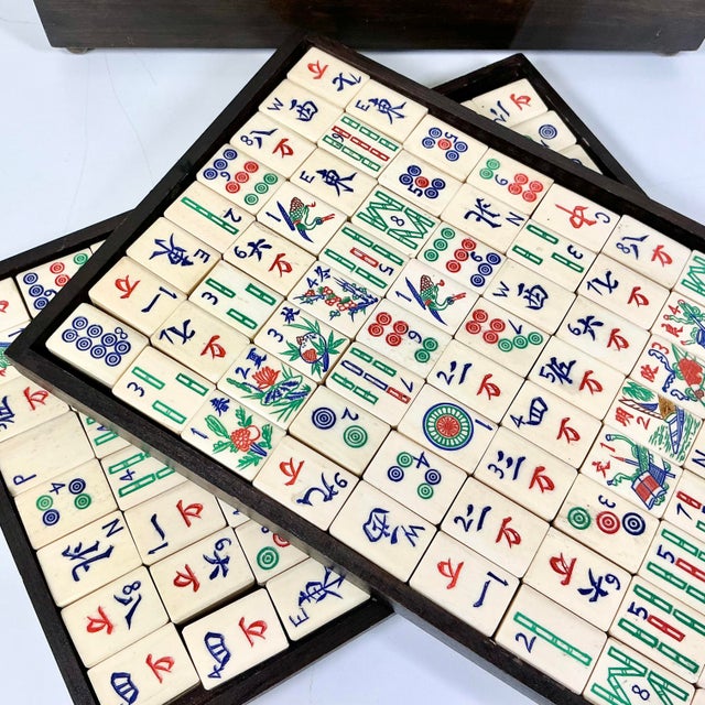 Antique Chinese Boho Chic Chinoiserie Mahjong Game Set, Walnut & Brass Box For Sale - Image 4 of 15