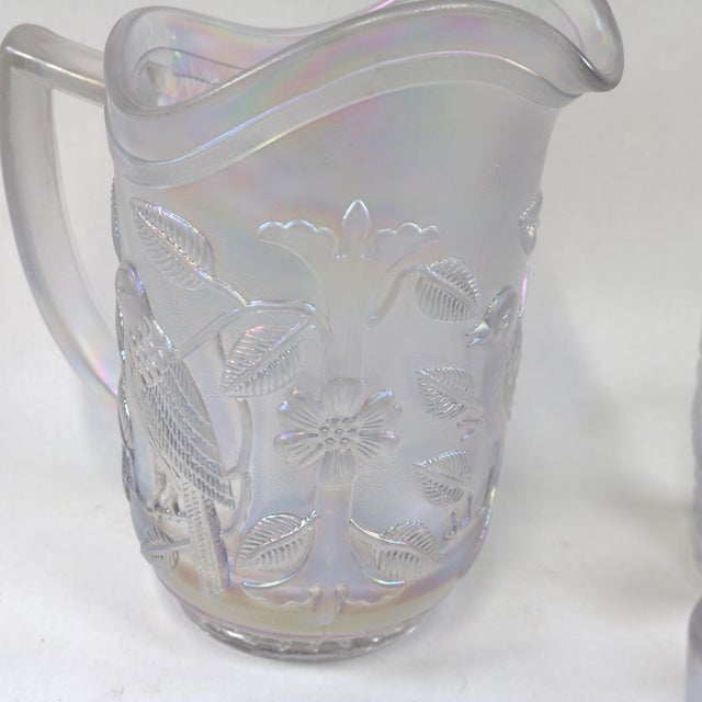 Mid 20th Century Vintage Imperial Carnival Glass Iridescent Frosty White Robins & Flowers Pitcher and 4 Glasses For Sale - Image 5 of 13