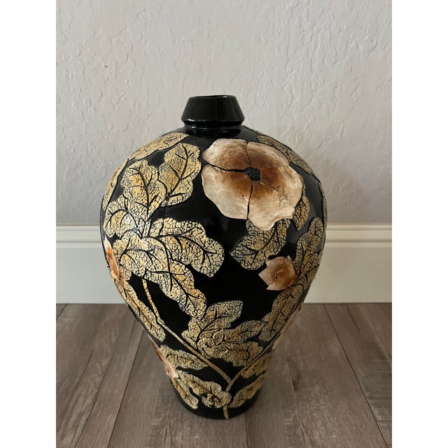 Decorative Meiping Black Vase Applied Leaf and Flower Relief For Sale - Image 4 of 5