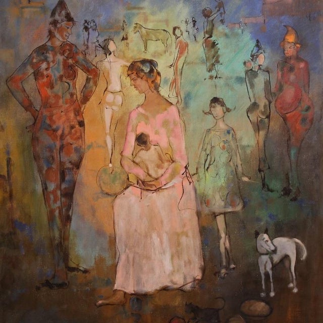 Italian painting dated 1981. Mixed media on canvas artwork, depicting a reinterpretation of Pablo Picasso's Family of...