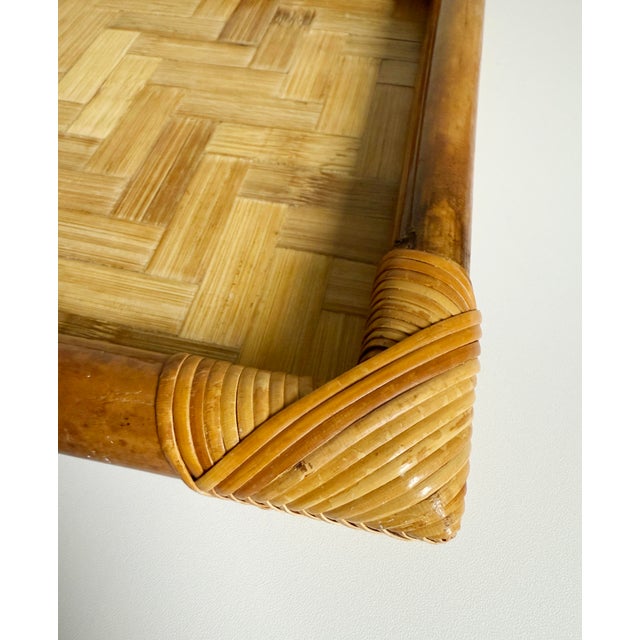 Vintage 1970s Palm Beach and Hollywood Recency style accent tray made of burnt bamboo with woven rattan corners. The tray...