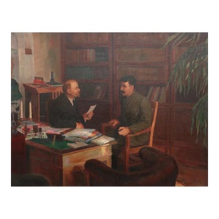 Lenin and Stalin in Conversation, Alexander Moravov Oil Painting, Socialist Realism Vintage Art 1946 For Sale