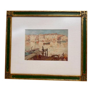 Vintage Italian Harbor Watercolor Painting Purchased in Bellagio, Italy, in Green and Gilt Frame For Sale