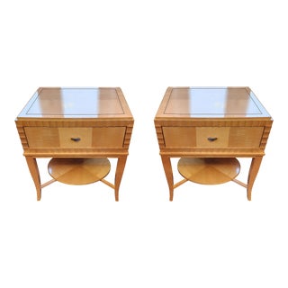 Late 20th Century Lacquered Light Wood Art Deco Ebony Inlay Oval Shelf End Tables - a Pair For Sale