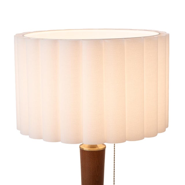 Scalloped Floor Lamp - Walnut, Weathered Brass, White Linen, on/Off Pull Chain For Sale In Los Angeles - Image 6 of 8