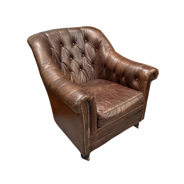 Restoration Hardware Distressed Leather Club Chair – Tufted English Library Lounge Chair With Rolled Arms & Brass Casters For Sale - Image 6 of 17