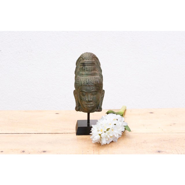 Verdigris Angkorian Spirit, Antique Khmer Stone Head Sculpture For Sale - Image 8 of 8