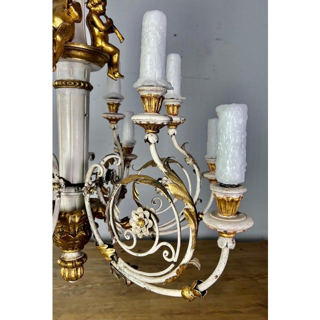 Wood Rococo Chandelier With Gilt Putti and Hand-Painted Ir For Sale - Image 7 of 15