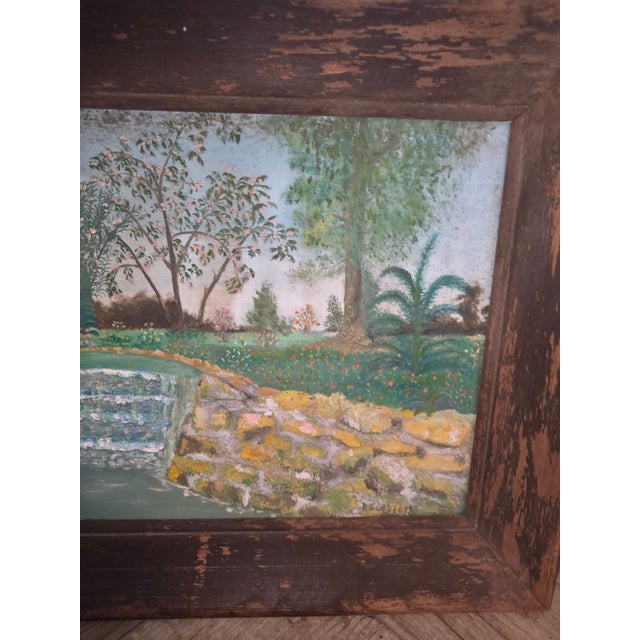 Unusual Folk Art Riverside Landscape Painting For Sale - Image 4 of 16
