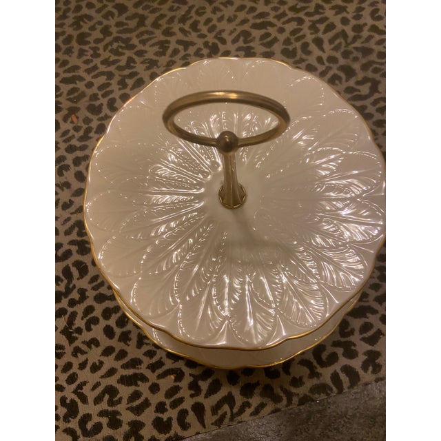 Elegant vintage Lenox two-tier dessert serving stand dating to the 1960s, crafted in classic ivory porcelain with...