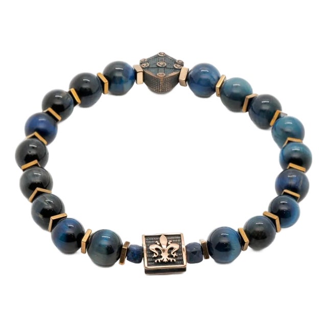 Blue Tiger Eye Stone Shield Charm Beaded Bracelet For Sale