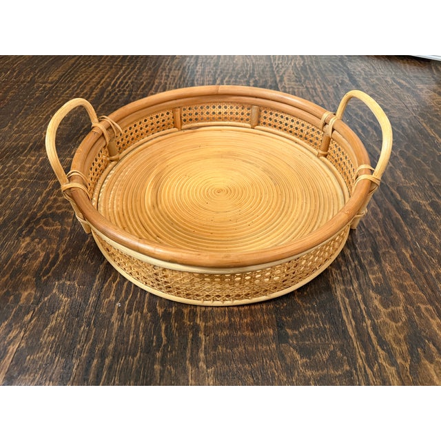 Contemporary Large Vintage Round Rattan & Cane Serving Tray With Handles For Sale - Image 3 of 8