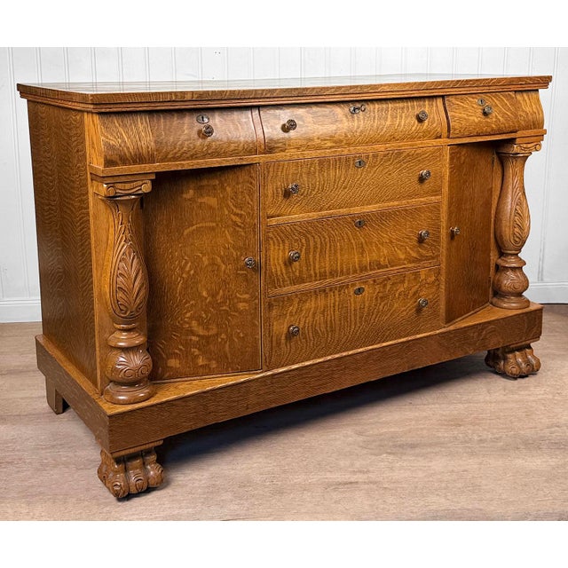 Victorian Antique Empire Quarterawn Oak Lions Paw Carved Sideboard Buffet Server For Sale - Image 3 of 18
