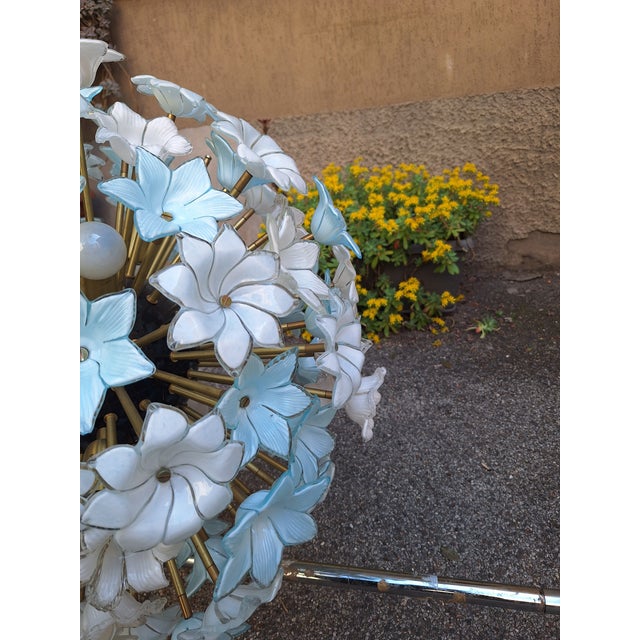 Blue Large Brass Pendant Lamp with White and Blue Murano Glass Flowers For Sale - Image 8 of 9